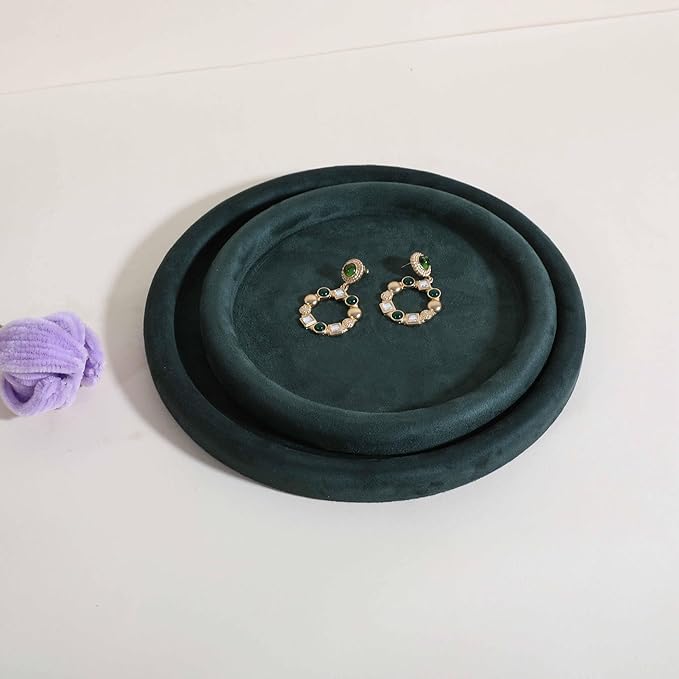 GemeShou Round Jewelry Organizer Plate, Top Microfiber Velvet Jewelry Display Tray, Empty Jewelry Showcase Tray for Necklaces, Bracelets, Rings, Earrings (Green-Medium, 7.9 x 7.9 in)