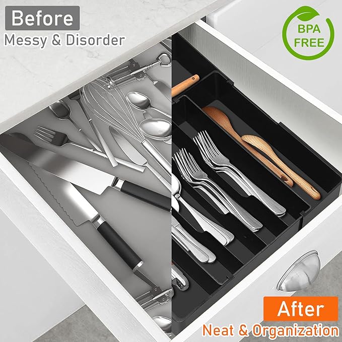 Silverware Organizer - Expandable Utensil Drawer Organizer, Adjustable Silverware Drawer Organizer, Plastic Kitchen Drawer Organizer for Forks, Knives, Kitchen Organizer Dividers, Black