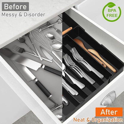 Silverware Organizer - Expandable Utensil Drawer Organizer, Adjustable Silverware Drawer Organizer, Plastic Kitchen Drawer Organizer for Forks, Knives, Kitchen Organizer Dividers, Black