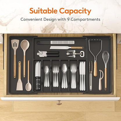 Lifewit Silverware Drawer Organizer, Expandable from 18.7 to 33 inches, Adjustable Utensil Tray for Kitchen, Large Cutlery Holder, Plastic Flatware Storage for Spoons Forks Knives, Black