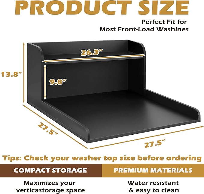 Royxen Washer Dryer Countertop with Shelf,2-Tier Laundry Countertop for Single Washer and Dryer,Soild Wood Core Washer Dryer Topper for Laundry Room Organization (Black) ﻿