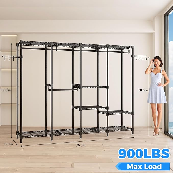 Large Heavy Duty Clothes Rack with Shelves, Adjustable Wire Garment Rack, Functional Clothing Racks for Hanging Clothes Freestanding Wardrobe Closet, 76.8" L x 17.1" W x 77" H, Max Load 900lbs