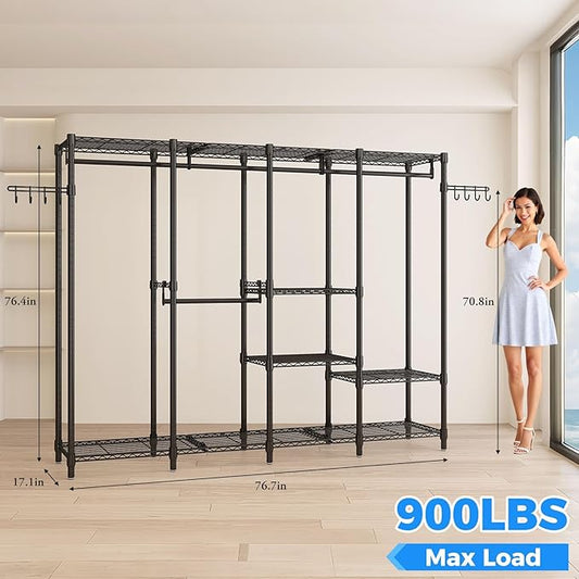 Large Heavy Duty Clothes Rack with Shelves, Adjustable Wire Garment Rack, Functional Clothing Racks for Hanging Clothes Freestanding Wardrobe Closet, 76.8" L x 17.1" W x 77" H, Max Load 900lbs