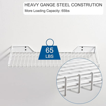 Wallmaster Heavy Duty Garage Wall Shelving 2 Pack 23.6"x11.8" Metal Wire Shelves Wall Mount Mesh Storage Rack for Garage, Office, Basement and Kithcen, max Load 65 lbs (White)