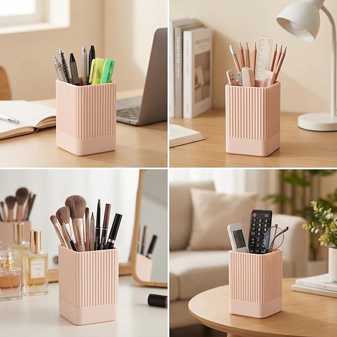 3 Pack Aesthetic Pen Holder for Desk-Sturdy Plastic Pencil Holder - Stylish Makeup Brushes Cup for Women Girls - Cute and Functional Desk Organizer for Office Supplies - Modern Office Decor Pen Cup