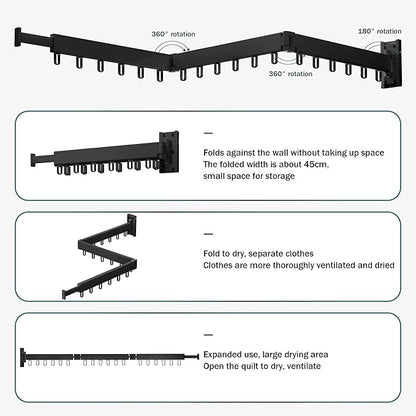 Clothes Drying Rack,Laundry Drying Rack,Clothes Rack Wall Mount,Wall Mounted Clothes Hanger Rack,Laundry Rack Folding,Retractable Clothing Rack,Collapsible Clothes Hanging Rack(Loop,Black)