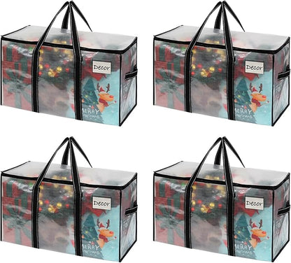 VENO 4 Pack Moving Bags & Large Christmas Storage Bins with lids for Decorations, Garland, Lights. Moving Boxes Packing Supplies for College Dorm. Extra Large Heavy Duty Totes (Clear-4 Pack)