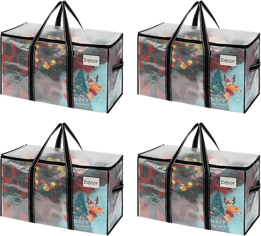 VENO 4 Pack Moving Bags & Large Christmas Storage Bins with lids for Decorations, Garland, Lights. Moving Boxes Packing Supplies for College Dorm. Extra Large Heavy Duty Totes (Clear-4 Pack)