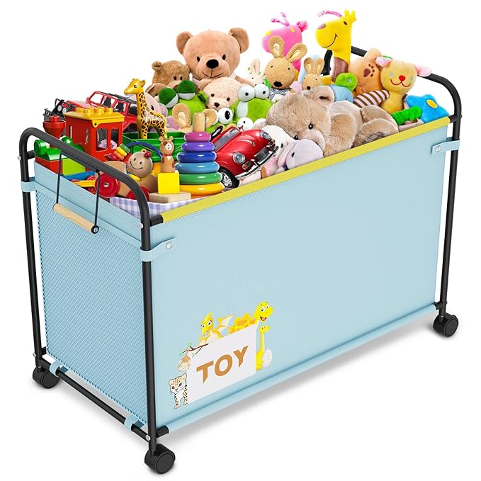Extra Large Toy Box, 180L Toy Storage Organizer with Wheels, Metal & Oxford Cloth Toy Chest With Handle, Toy Box for Living Room Area, Nursery, Bedroom, Playroom, Toy Boxes for Boys, Girls, Kids