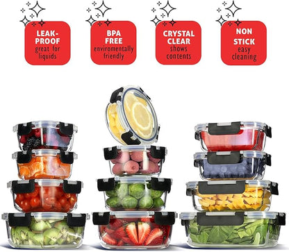 EATEX 48pc Glass Storage Containers with Lids, 24 Set Glass Food Storage Containers with 24 Airtight Lids, Pantry Kitchen Meal Prep Containers for Lunch, Freezer Storage Containers, Dishwasher Safe