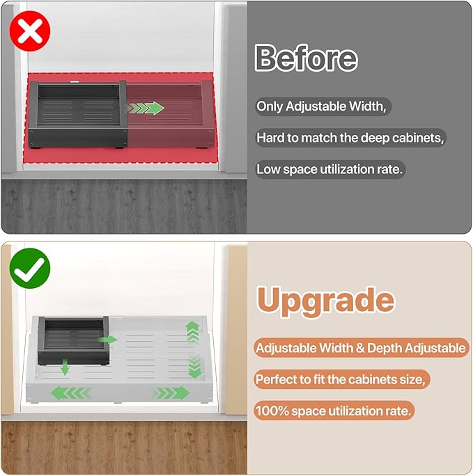 BUFOR 1 Pack Pull out Cabinet Organizer, Width (12"-19") Depth (17"-23"), with 3 Rails Adjustable Slide, Expandable Pullout Drawers for Cabinets, No Drill Adhesive Kitchen Drawers for Pantry Shelves