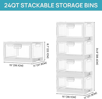 Vtopmart 1 Pack Clear Stackable Storage Bins with Lids 24QT, Foldable Storage Boxes with Doors Open Front, Plastic Closet Organizer for Craft, Toys, Pantry Organization