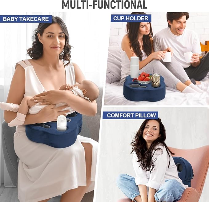 Couch Cup Holder Pillow, Sofa Organizer Caddy Bed Refreshment Tray for Drinks, Remotes, Phones, Snacks (Navy)