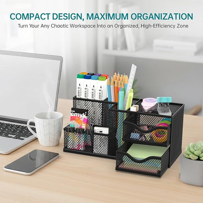 Mesh Desk Organizer, Pen Organizer with 2 Drawers and 5 Compartments, Versatile Pen Holder for Small Space, Desk Organizers and Accessories for School Office Supplies, Black