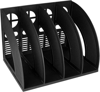 SAYEEC Sturdy Magazine Holder 4 Compartments Plastic Desktop File Organizer File Dividers Office Organizer Storage Document Magaizne Rack Display Box (Black)