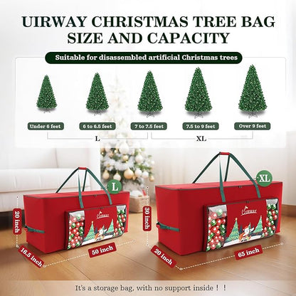 UIRWAY Christmas Tree Storage Bag- Fit for 9ft Artificial Trees, 600D Oxford Christmas Tree Bag with Transparent Pouch & Side Pocket, Extra Large Tree Bags with Sturdy Handles & Dual Zipper, Red