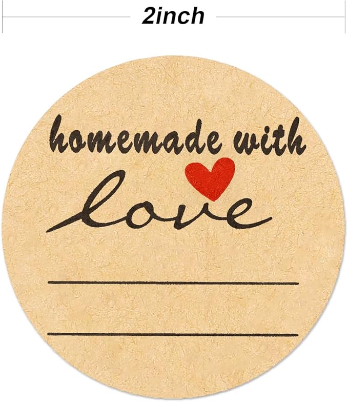 2" Homemade with Love Stickers, 500 Pcs Kraft Jar Canning Label Stickers for Baked Packaging, Cookie Bags, Fudge Containers, Store Owners, Crafts, Organizing, Price Tags