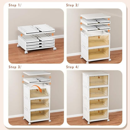 CTSNSLH 4 Tier Plastic Storage Bins and Boxes Organizer - 28Qt Stackable with Lids for Bedroom, Living Room, Office - Foldable Containers, Household Organization