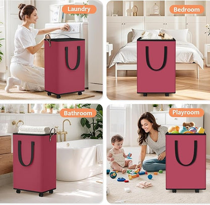 Laundry Basket with Wheels, Collapsible Laundry Baskets, Laundry Hamper with Handles Detachable Wheels, Rolling Laundry Basket, Dirty Clothes Hamper for Bathroom, Dorm, Bedroom, Red, 80L