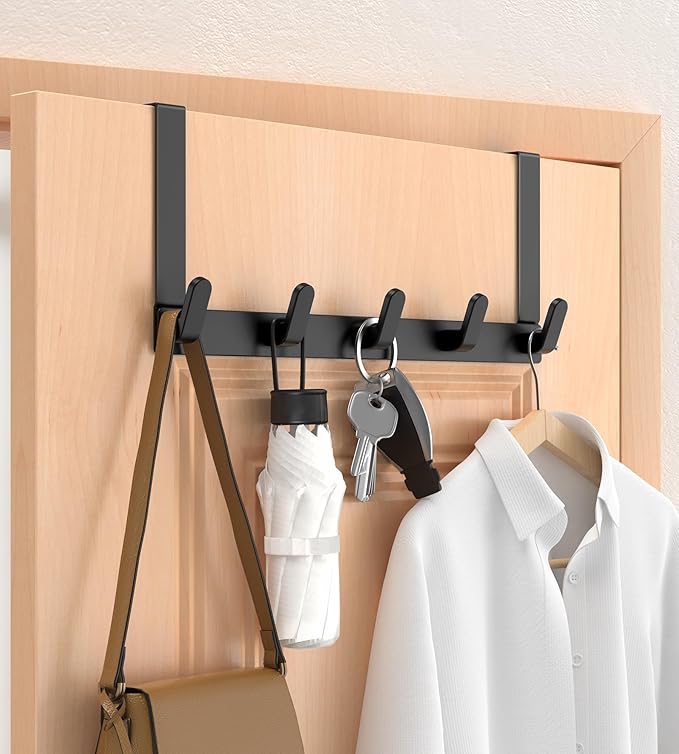 CHAUNCEY HOME Over The Door Hooks Hanger, Heavy Duty Rack for Winter Coat, Fits 1 3/4" Doors, L7U - Bathroom Accessories and Towel Organizer Holder - Black