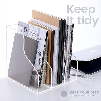 Desk File Organizer, Acrylic Magazine File Holder with 3 Vertical Compartments Rack File Sorter for Office Home Classroom Desk Organization, Clear…
