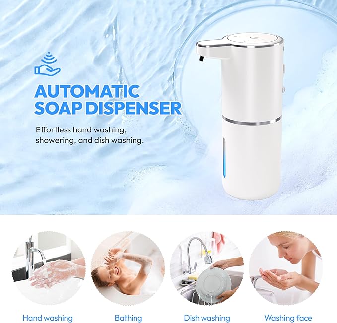 MTYGK Automatic Soap Dispenser Touchless,Liquid Hand Soap Dispenser 12.8oz USB 4levels Adjustable Dispenser Electric Wall Mounted Smart for Bathroom and Kitchen Dish Soap，Easy for Toddlers(White)