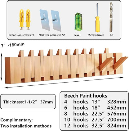 Wall Mounted Coat RackHooks Piano Key Hangers Natural Solid Wood Hanger Non-Woven Fabric Clothes Hangers for Closet, Kitchen, Bedroom, Bathroom, Entryway (Beech, 10 Hooks)