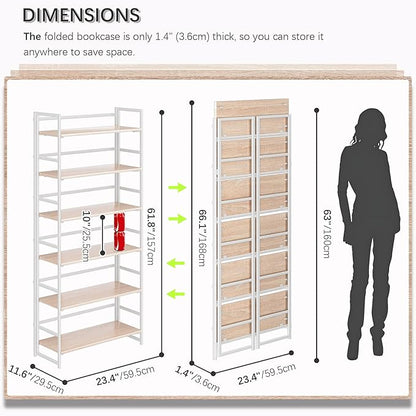 4NM No Assembly 6 Tiers Collapsible Book Shelves, 61.8" H Folding Bookshelf Bookcase Open Industrial Foldable Shelves for Bedroom, Living Room, Home Office - Natural White