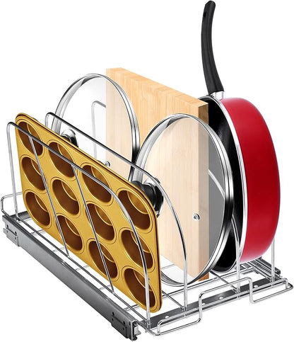 VEVOR Pan and Pot Rack, Expandable Pull Out Under Cabinet Organizer, Cookie Sheet Baking Pans tray Organization, Adjustable Wire Dividers, Steel Lid Holder for Kitchen Cabinet & Pantry Storage, 11.7"W