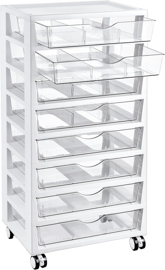 Vtopmart 8 Tier Rolling Cart with Drawers, Clear Plastic Drawers with Removable Dividers for Art &Office Supplies, Beauty Products, Toy, Under Desk Storage for Craft Room, Classroom