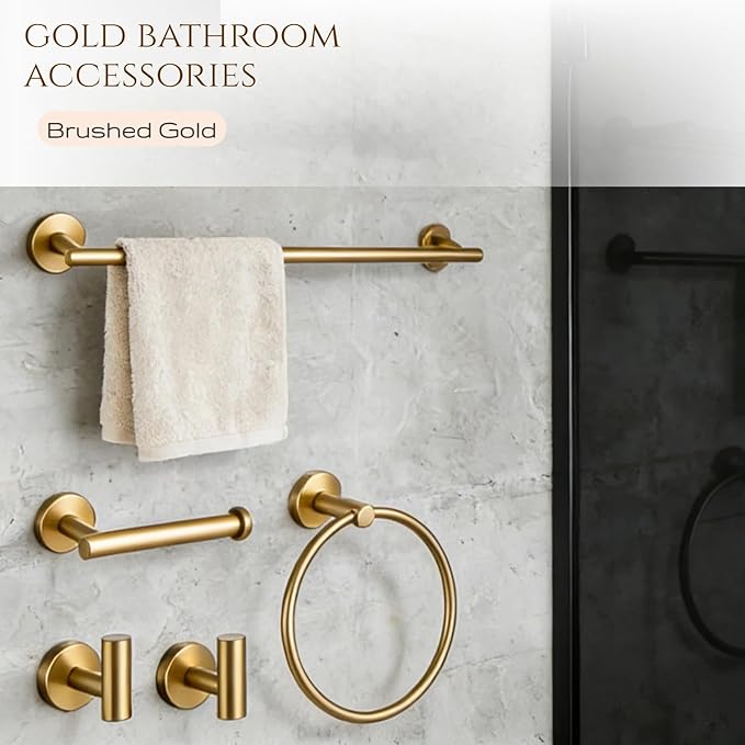 5Pcs Brushed Gold Bathroom Hardware Towel Bar Accessories Set 23.6 Inch SUS304 Stainless Steel Bath Towel Racks with Toilet Paper Holder Shelf for Bathroom Kitchen Wall Mounted, Middle Removable