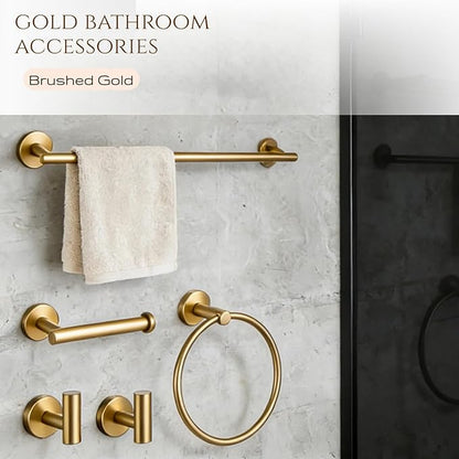 5Pcs Brushed Gold Bathroom Hardware Towel Bar Accessories Set 23.6 Inch SUS304 Stainless Steel Bath Towel Racks with Toilet Paper Holder Shelf for Bathroom Kitchen Wall Mounted, Middle Removable
