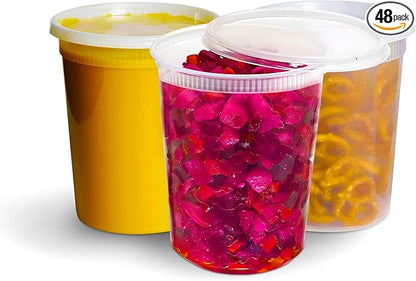 OCS Parts 48-Pack Round Plastic Deli Containers with Lids | Stackable, Microwavable, Freezer and Dishwasher Safe BPA Free Food Prep and Storage Containers (32 Ounce)