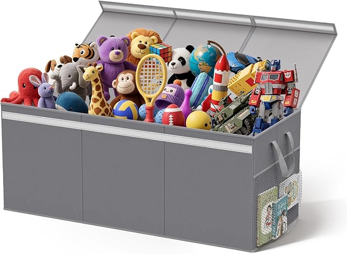 Lewondr 160L Extra Large Toy Storage Organizer with Lid, 40"x16"x16"Collapsible Sturdy Toy box, Toy Chest for Boys Girls, Toybox Storage Bins with 3 Removable Dividers for Living Room, Nursery, Grey