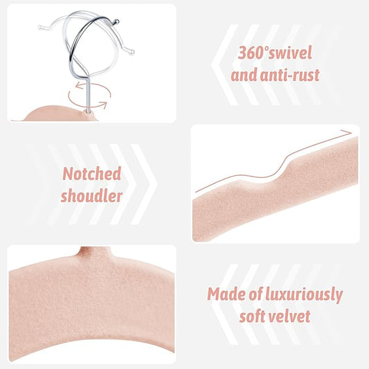 Sishynio Premium Velvet Shirt Hangers 50 Pack, Non-Slip 360° Swivel Hook Space-Saving Felt Hanger, Slim Flocked Hangers for Blouses, Strappy Dresses, Tank Tops(Pink)