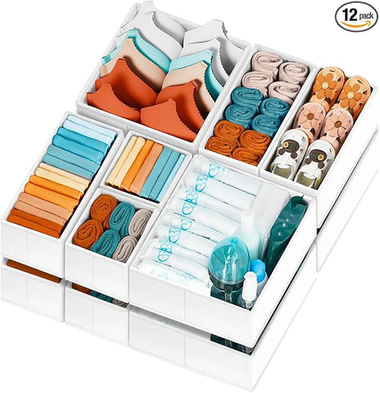 Criusia Drawer Organizer Clothes 12 Pack - Dresser Organizer Bins for Closet Bedroom Nursery Organization- Drawer Organizer Divider for Sock Underwear Bra Baby Clothes - Dorm Room Essentials (White)