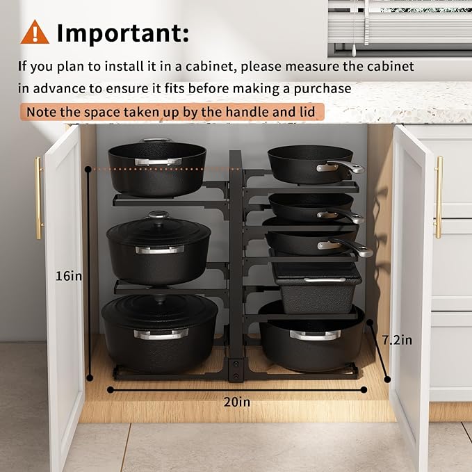 Fovkdcvw Adjustable Pots and Pans Organizer Under Cabinet, 8-Tier Pot and Pan Organizers Inside Cabinet, Kitchen Cabinet Organizers and Storage, Black