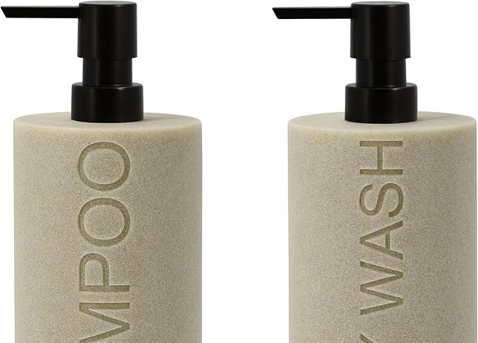 Indecor Home Resin 2 Pack Shampoo, Conditioner or Body Wash Dispenser Set, Luxurious Refillable Pump Bottles with Matte Pump Top and Embossed Text, Durable Design for Bathroom and Shower