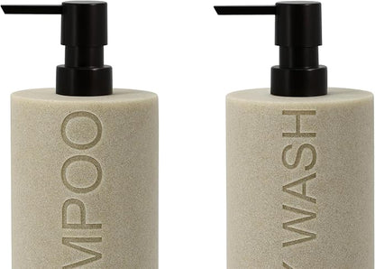 Indecor Home Resin 2 Pack Shampoo, Conditioner or Body Wash Dispenser Set, Luxurious Refillable Pump Bottles with Matte Pump Top and Embossed Text, Durable Design for Bathroom and Shower