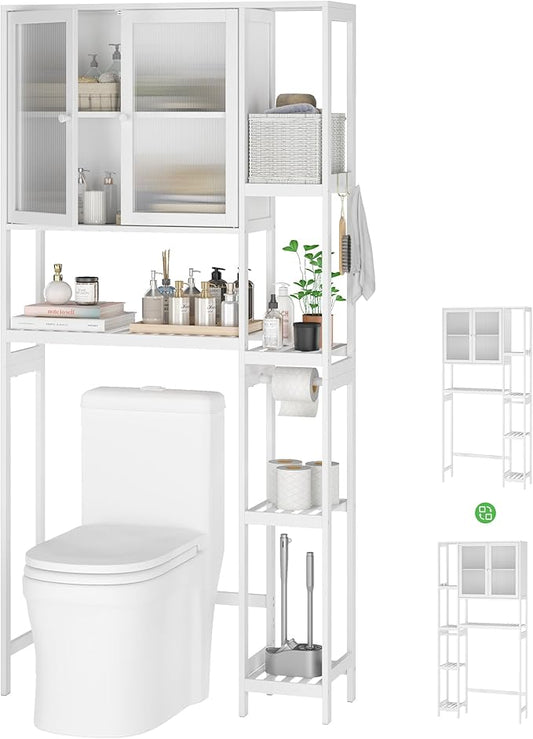 Wisuce Essentials Over The Toilet Storage Cabinet Above Toilet Bathroom Organizer with Toilet Paper Holder Stand Bath Organizer with Adjustable Shelves & Acrylic Doors,Anti-Tip Device (White)