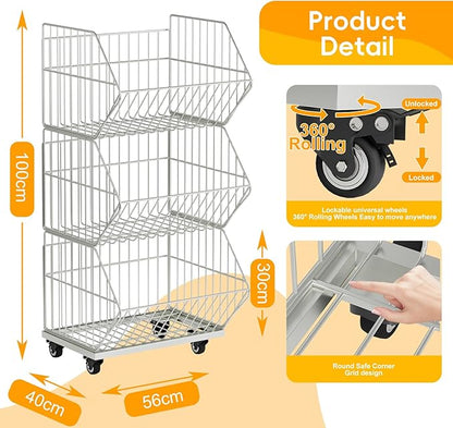Heavy Duty Standing Metal Shelving Unit, Wire Storage Basket with Wheels, Folding Shoe Racks, Clothing Sweaters Shoes Handbags Organizer for Kitchen Garage Pantry Porch (3-Tier with Base)