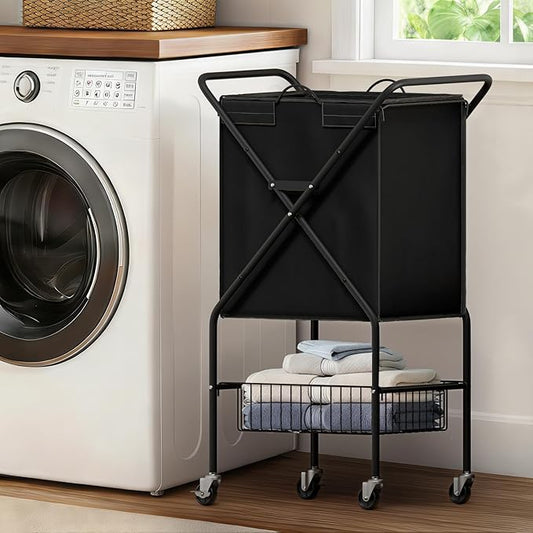 Laundry Basket with Wheels:88L Rolling Laundry Cart Foldable Metal Frame Dirty Clothes Laundry Hamper 36"H 4 Caster 2 Brake Waterproof Removable Liner Carry Handle for Dorm Laundry Room,Black