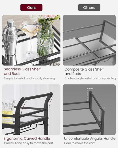 VASAGLE Bar Cart, Home Bar Serving Cart, Small Bar Serving Cart with 3-Tier Shelf, Wine Holders, Glass Holders, Mini Bar Cart for Small Spaces, Kitchen, Dining Room, Living Room, Ink Black