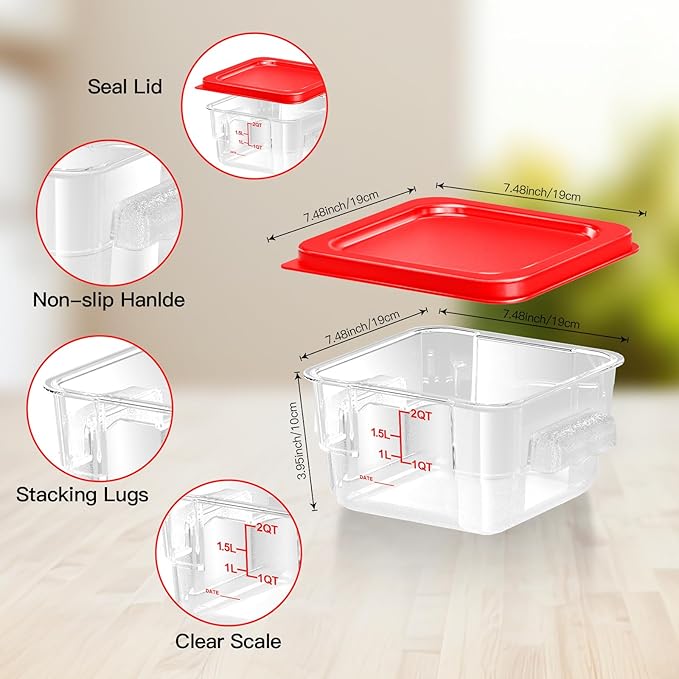 FeyBuosk 6 pcs 2qt Food Storage Containers with Lid, Square Clear Commercial Food Storage Containers with Handle and Scale for Food Storage in Home Kitchen & Dining (Red)