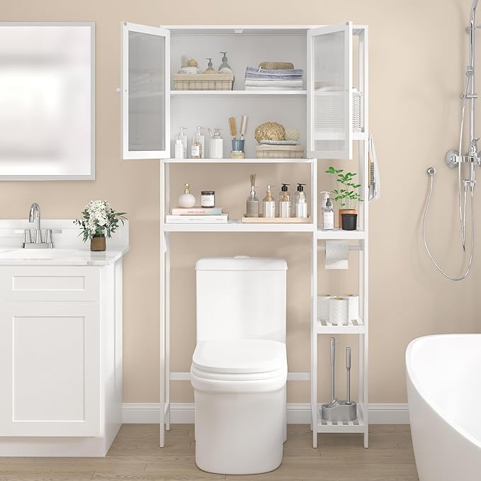 Wisuce Essentials Over The Toilet Storage Cabinet Above Toilet Bathroom Organizer with Toilet Paper Holder Stand Bath Organizer with Adjustable Shelves & Acrylic Doors,Anti-Tip Device (White)