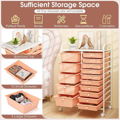 DORTALA 15-Drawer Rolling Storage Cart with Drawers, Rolling Utility Cart w/Removable Drawers & Universal Wheels, Tools Scrapbook Paper Organizer for School, Office, Home, Classroom (Light Pink)
