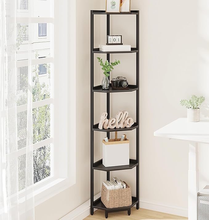 Corner Shelf Stand, Corner Bookshelf, Storage Standing Shelf Unit with Metal Frame, Plant Stand, Corner Bookcase for Living Room, Home Office, Bedroom, 6-Tier Black CS06006B