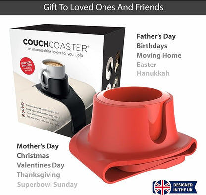 HIT PRODUCTS CouchCoaster® - Original & Patented Armrest Couch Cup Holder, Rosso Red - A Weighted, Silicone, Anti Slip Coaster Stops Spills On Your Sofa, Armchair Or Recliner & Keeps Drinks in Reach