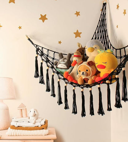 Stuffed Animal Hammock Corner Storage - Toy Hammock Net Organizer with LED Light - Tedddy Hammocks Plushie Net Holder - Black Wall Decor for Boy Living Room Bedroom