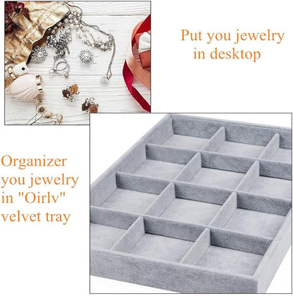 Oirlv Velvet Stackable Jewelry Display Trays 12 Grids Rings Earrings Bracelet Organizer Storage Tray(13.8"x1.29"x9.4")